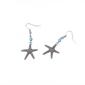 Detail of vintage silver starfish earrings with blue beads and crochet hook style