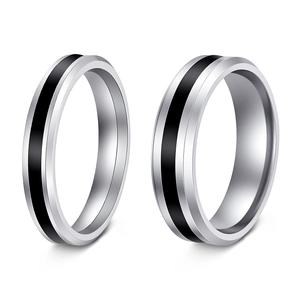 Modern minimalist stainless steel couple rings in silver and black with polished finish