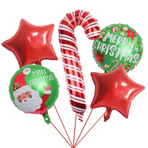 Detailed set of 5 Christmas foil balloons with stars, candy cane and Santa Claus graphics