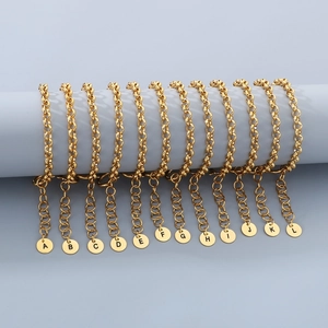 Initial Charm Bracelet Stainless Steel Rolo Chain Round Letter Disc Minimalist Fashion Jewelry For Women And Men