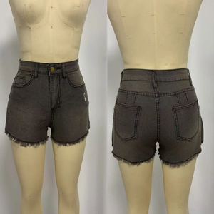 Detailed front and back view of dark grey slim fit denim shorts with frayed hems