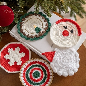 Handmade Crochet Christmas Coasters Festive Acrylic Yarn Knitted Heat Resistant Cup Mat For Xmas Home Party Table Decoration Gift