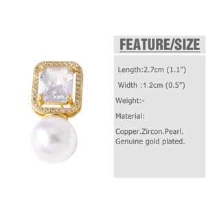 Detailed view of 18k gold plated pearl and zircon earrings with dimension measurements
