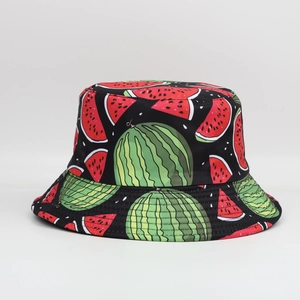 Reversible bucket hat with cartoon watermelon print and geometric diamond patterns