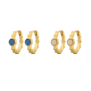 925 Sterling Silver Huggie Hoop Earrings With Synthetic Opal Bamboo Texture Round Geometric Jewelry For Women