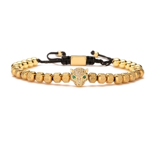 Adjustable leopard head bracelet with gold-plated pineapple beads and zircon stones