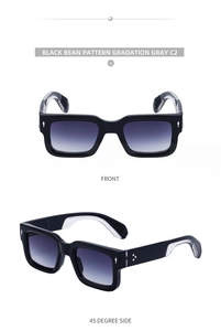 Front and 45-degree side view of square black bean pattern sunglasses with gray lenses
