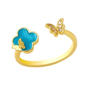 Detail von 18K Gold-Schmetterling-Ring mit blauem Klee und funkelnden Zirkoniasteinen