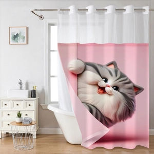 Waterproof waffle shower curtain featuring 3D grey striped cartoon cat in a modern bathroom