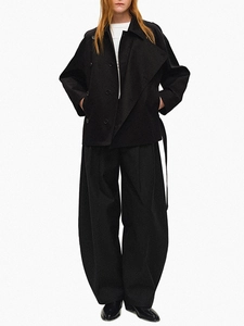 Women's black short double-breasted trench jacket with high-waist wide-leg pants set