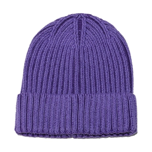 Purple ribbed knit beanie with cuffed design for winter warmth on a white background