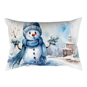Christmas snowman rectangular pillowcase in white fabric with watercolor holiday print