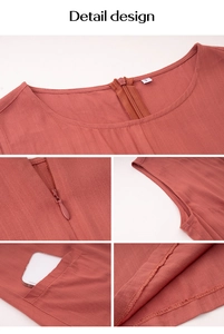 Dettagli della tutina senza maniche color terracotta con cerniera e tasche