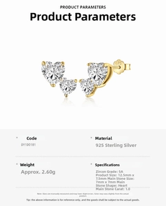 Macro detail of S925 sterling silver earrings with triple heart-cut cubic zirconia