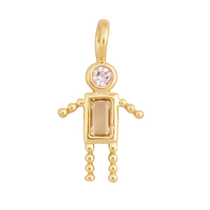 Détail macro du pendentif robot plaqué or 18K avec zircons roses et pierres fauves