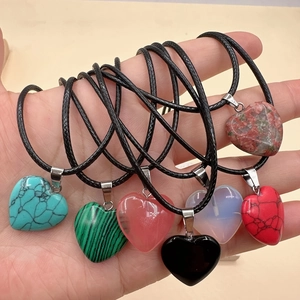Natural crystal heart pendant necklaces with assorted stones and black cord necklaces