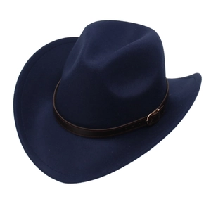 Close-up of navy felt cowboy hat featuring a brown leather band and gold metal buckle
