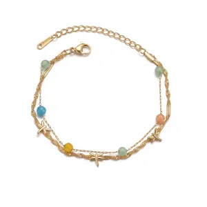 French Vintage 14K Gold Plated Stainless Steel Double Layer Bracelet For Women Colored Beads Dragonfly Pendant Fashion Jewelry