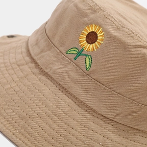 Outdoor khaki sun hat with sunflower embroidery and reinforced wide brim detailing