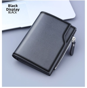 Close-up of black leather tri-fold wallet featuring zipper pocket and lychee texture