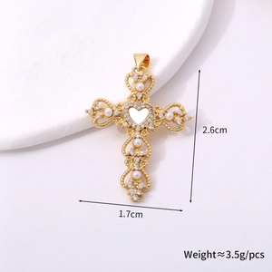 Detailed view of cross pendant with pearls and heart cutout, 2.6cm x 1.7cm size