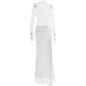 Detail of white lace stitching on the sleeve and hem of the mermaid maxi dress set