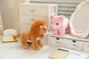 Close-up of plush lion and pig toys in a cozy home desk setting with soft lighting