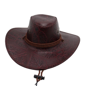 Dark red faux leather western cowboy hat with leaf pattern embossing and chin strap