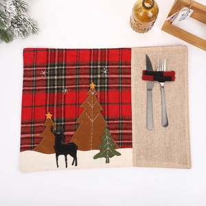 Christmas plaid linen placemat with reindeer and tree embroidery for table decor