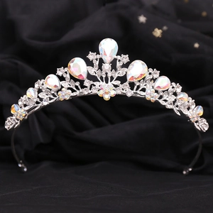 Sparkling silver crown tiara with leaf design and iridescent rhinestones on velvet