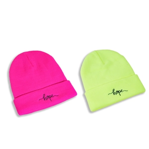 Magenta and neon green knitted beanies with embroidered hope text on folded brim