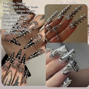 Silver punk style nail art metal studs set featuring pointed cones and round rivets