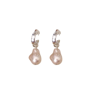 French retro silver needle earrings with pink irregular baroque pearl pendants