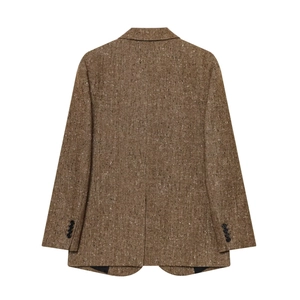 Brown herringbone tweed blazer in wool blend with back vent and four-button cuffs