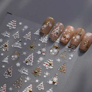 Christmas Nail Art Stickers 5D Embossed Self Adhesive Snowflakes Christmas Tree Gold White Festive DIY Manicure Decor