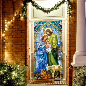 Christmas angel stained glass nativity door banner hanging on a red brick house door