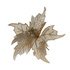Champagne gold artificial Christmas flower decoration with glitter petals and beads