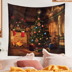 Detail of Christmas tree tapestry with warm fireplace and gift boxes in bedroom
