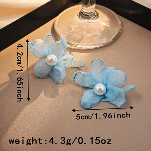 Detail view of blue lace flower earrings with pearls and precise dimensions shown