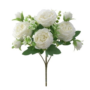 Realistic white artificial rose bouquet with buds and green leaves for home decoration