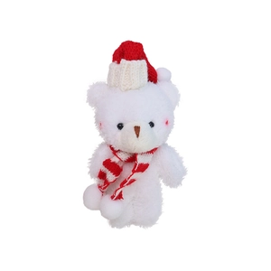 Cute white teddy bear plush toy with red Christmas hat and striped scarf on white background