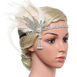 Vintage 1920s Great Gatsby headband with white ostrich feathers and crystal pearls