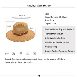 Women's light brown straw jazz hat with leather belt and frayed brim sun protection