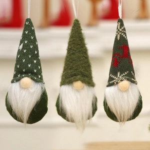 Three pieces of green Christmas gnome hanging ornaments with knitted hats and white beards