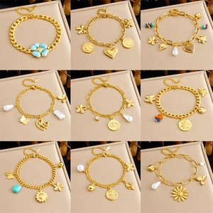 Bracelet À Breloques Mode Acier Inoxydable Multi Pendentifs Cœur Fleur Papillon Künstliche Perle Coquille Plaqué Or Vintage Femmes