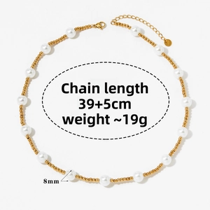 Detail of 8mm shell pearl and gold bead necklace with 39+5cm chain length and S.Steel tag