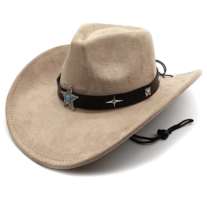Western Cowboy Hat Vintage Faux Suede Wide Brim With Metal Star Concho Leather Band And Adjustable Windproof Chin Strap