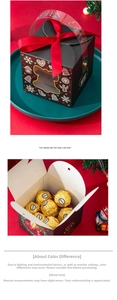 Detailed view of black Christmas gift box with red bow, gold chocolates and festive prints