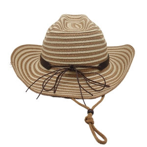 Detail of striped straw jazz hat with brown leather band and adjustable chin strap