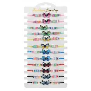 Set of 12 braided butterfly charm bracelets with colorful crystal beads and rhinestones